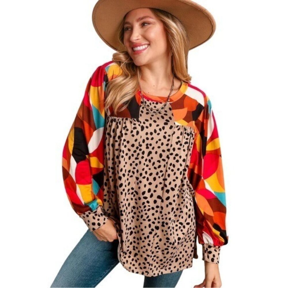 Artsy Geometric Animal Print Top Women Size large Long Sleeve Colorful Boho - Picture 3 of 16
